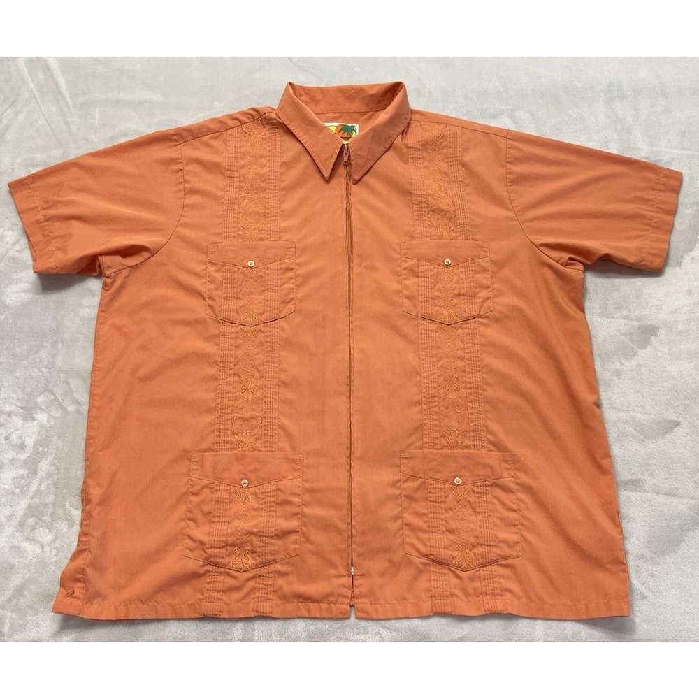 The Genuine Haband Guayabera Shirt Men XL Orange Full Zip Embroidered Vacation
